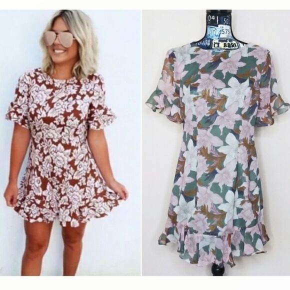 SELFIE LESLIE Floral Open Back Ruffle Mini Dress Flutter Sleeves Lined Sz M NWT - Picture 1 of 11